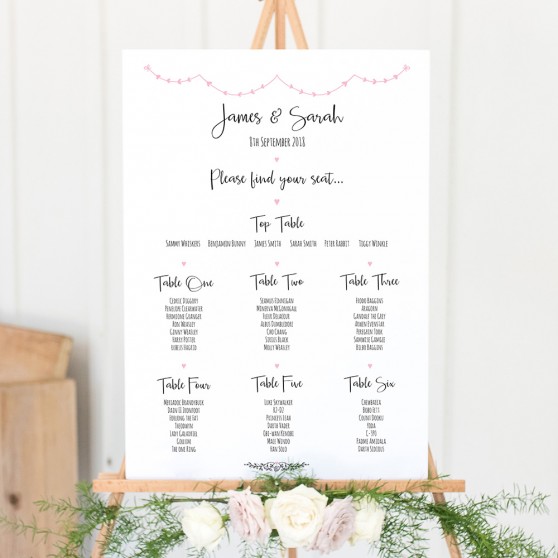 'Pink Heart Bunting' Large White Table Plan A2/A1