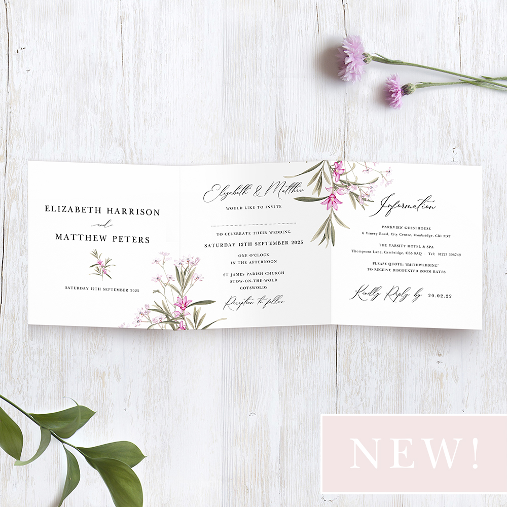 'Pink Botanical' Tri Fold Wedding Invitation Sample