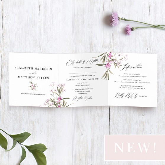 'Pink Botanical' Tri Fold Wedding Invitation Sample