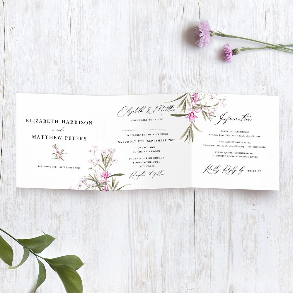 'Pink Botanical' Tri Fold Wedding Invitation