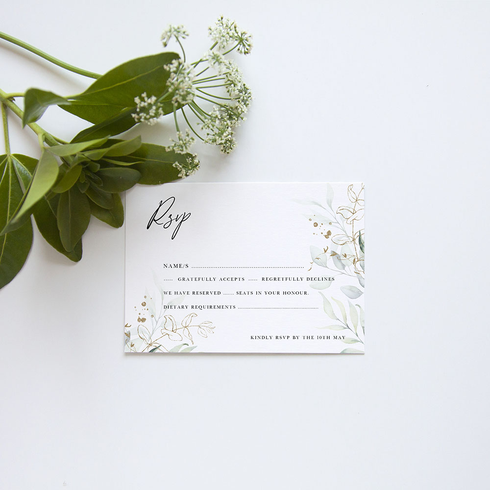 'Green & Gold Eucalyptus' Tri Fold Wedding Invitation Sample