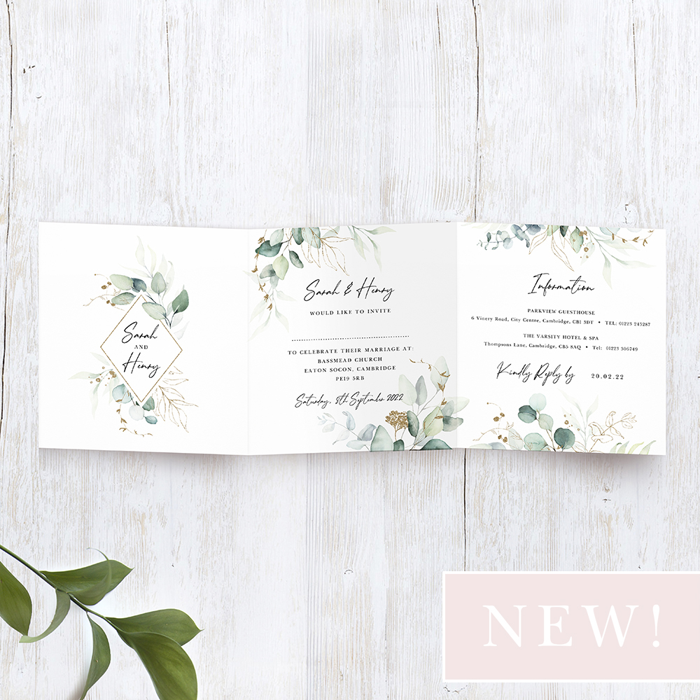 'Green & Gold Eucalyptus' Tri Fold Wedding Invitation Sample