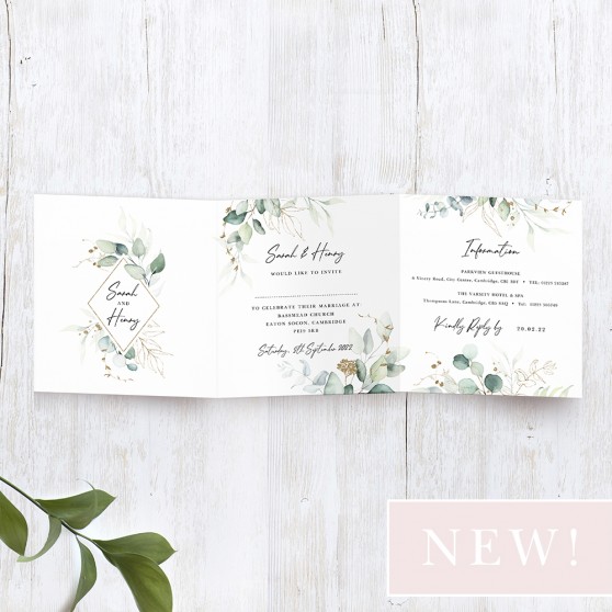 'Green & Gold Eucalyptus' Tri Fold Wedding Invitation Sample