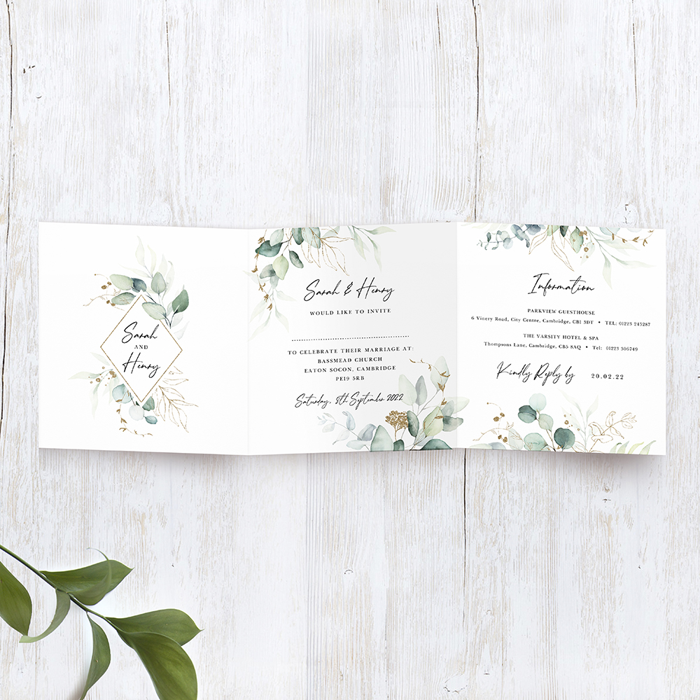 'Green & Gold Eucalyptus' Tri Fold Wedding Invitation Sample