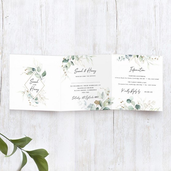 'Green & Gold Eucalyptus' Tri Fold Wedding Invitation