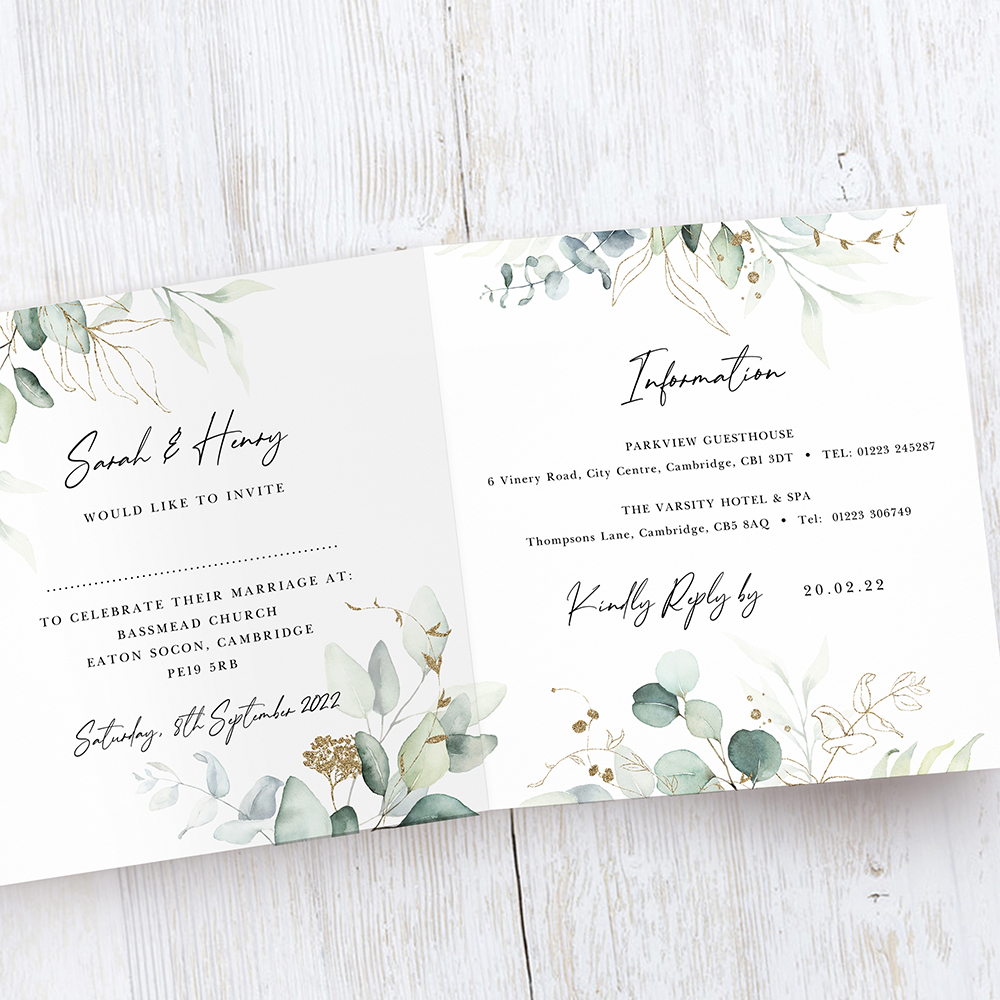 'Green & Gold Eucalyptus' Tri Fold Wedding Invitation Sample